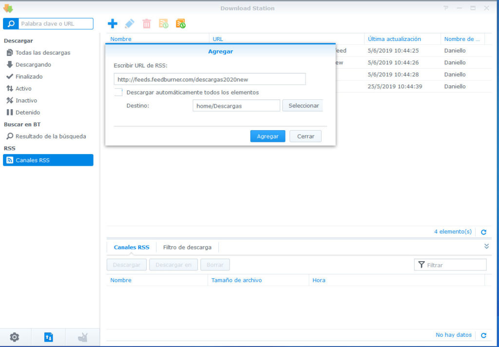 configurar rss en synology sin check