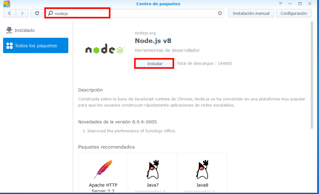 instarlar node js v8 synology
