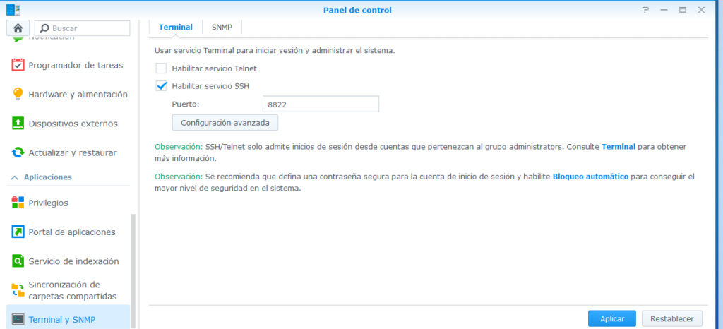 ssh abrir puerto synology