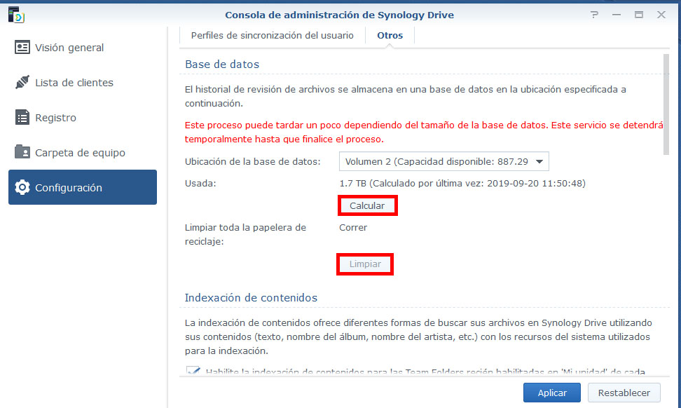 Como saber cuanto ocupa la base de datos de synology drive