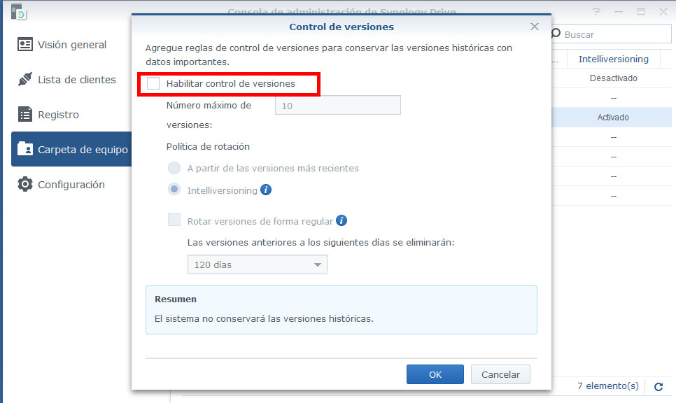 deshabilitar control de versiones synology drive