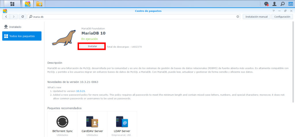 Instalar MariaDb 10 Server en synology