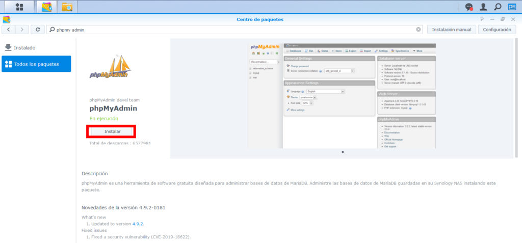 Instalar PhpMyAdmin Server en Synology