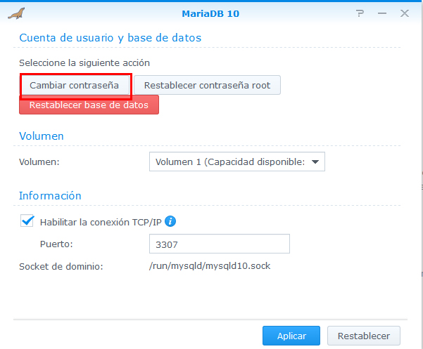 cambiar contraseña mariaDB 10 en synology