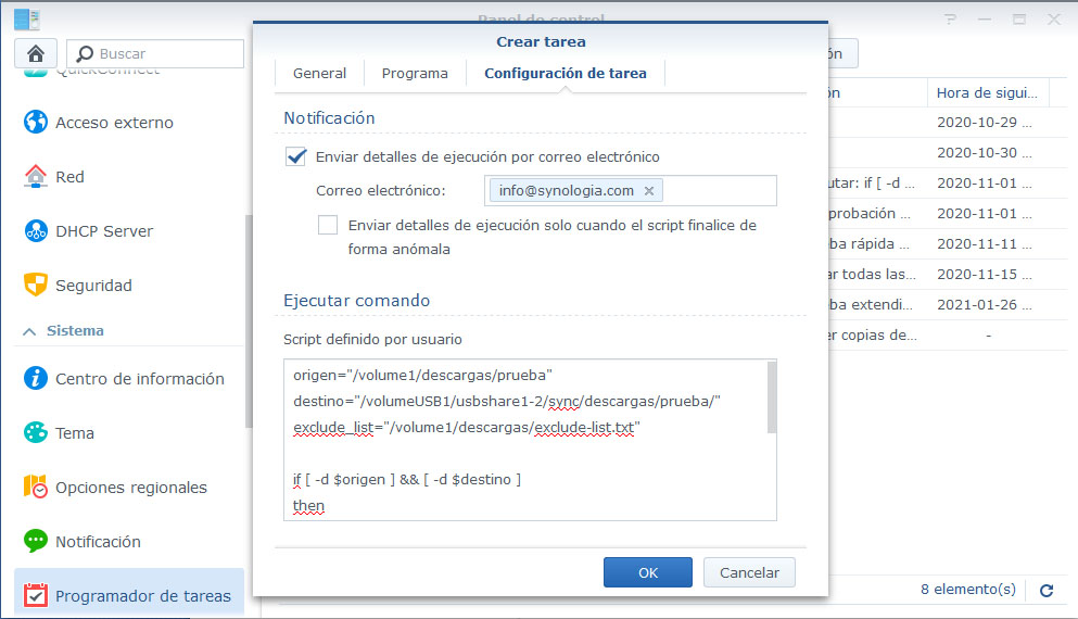 Programador de tareas synology - configuración de tarea